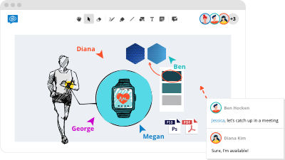 A board representing a design project with some color samples and a smart watch. People work together on this board deciding on a final idea