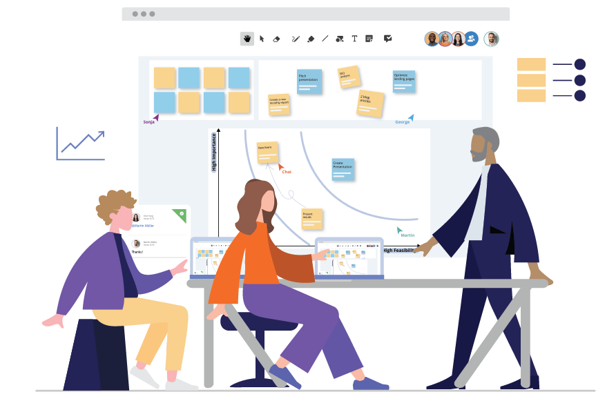 3 people sitting at a table working on a board and collaborating together in public sector