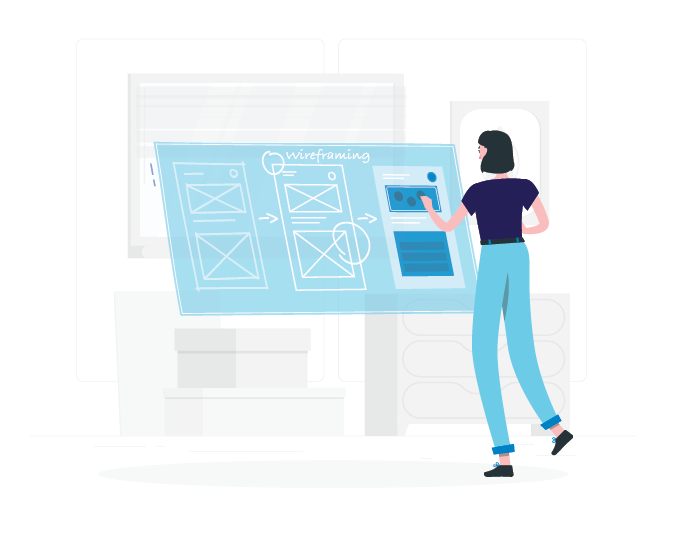 A person in front of a prototyping board with some wireframe sketches on it